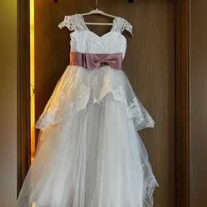 Elegant White and Pink Lace Kids Dress